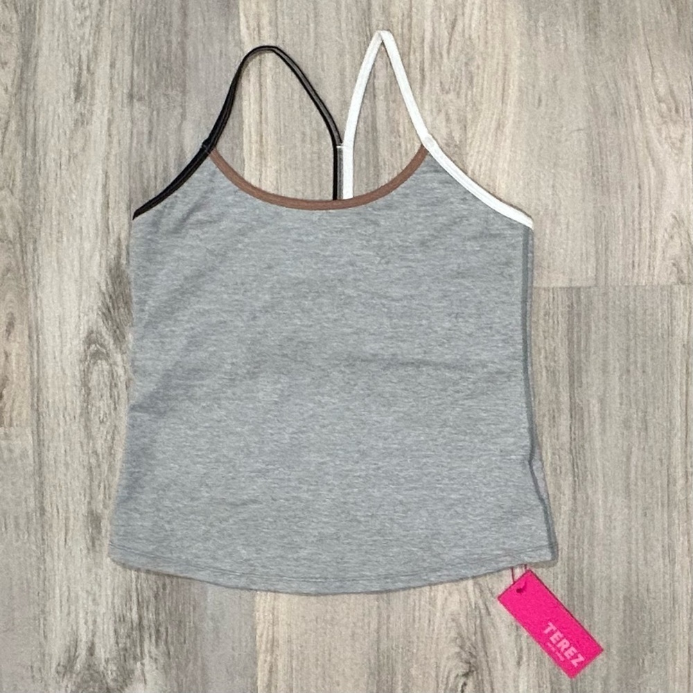 NWT Terez Gray Colorblock TLC Y-Back Athletic Workout Fitted Tank Top Size L